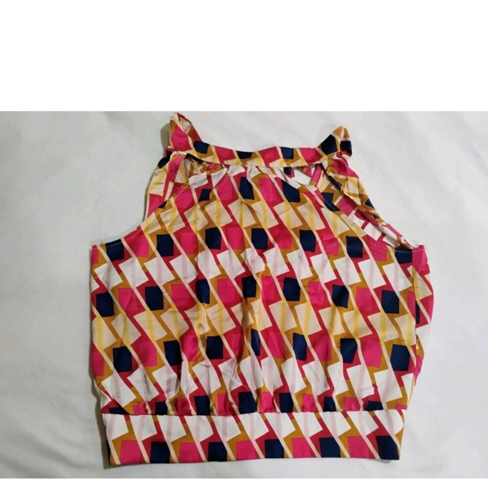 New York & Company Pink Yellow Navy Geometric Blouse